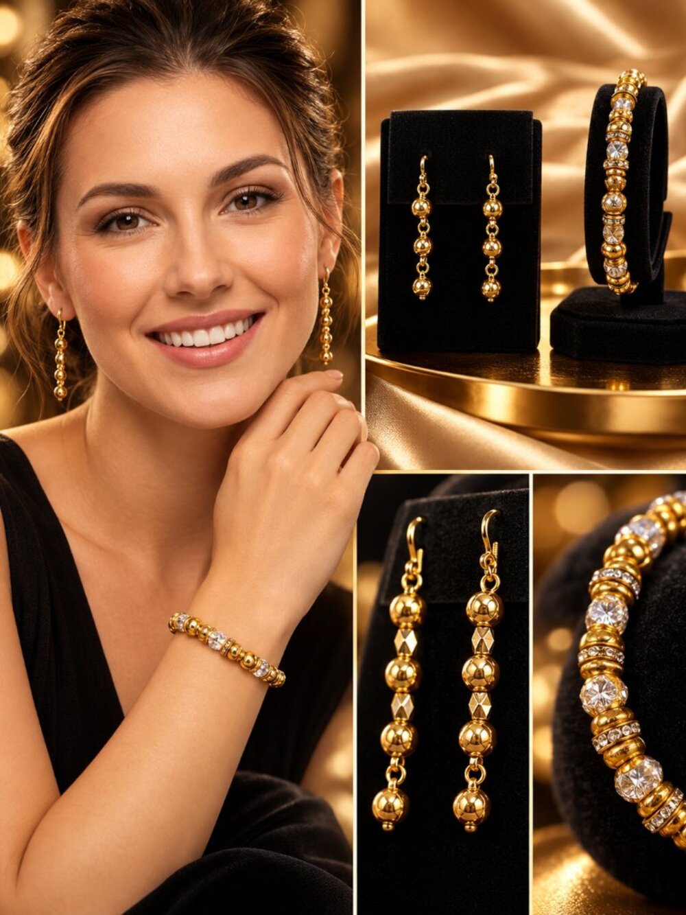 Handmade Gold-Tone Beaded Earrings & Stretch Bracelet Set